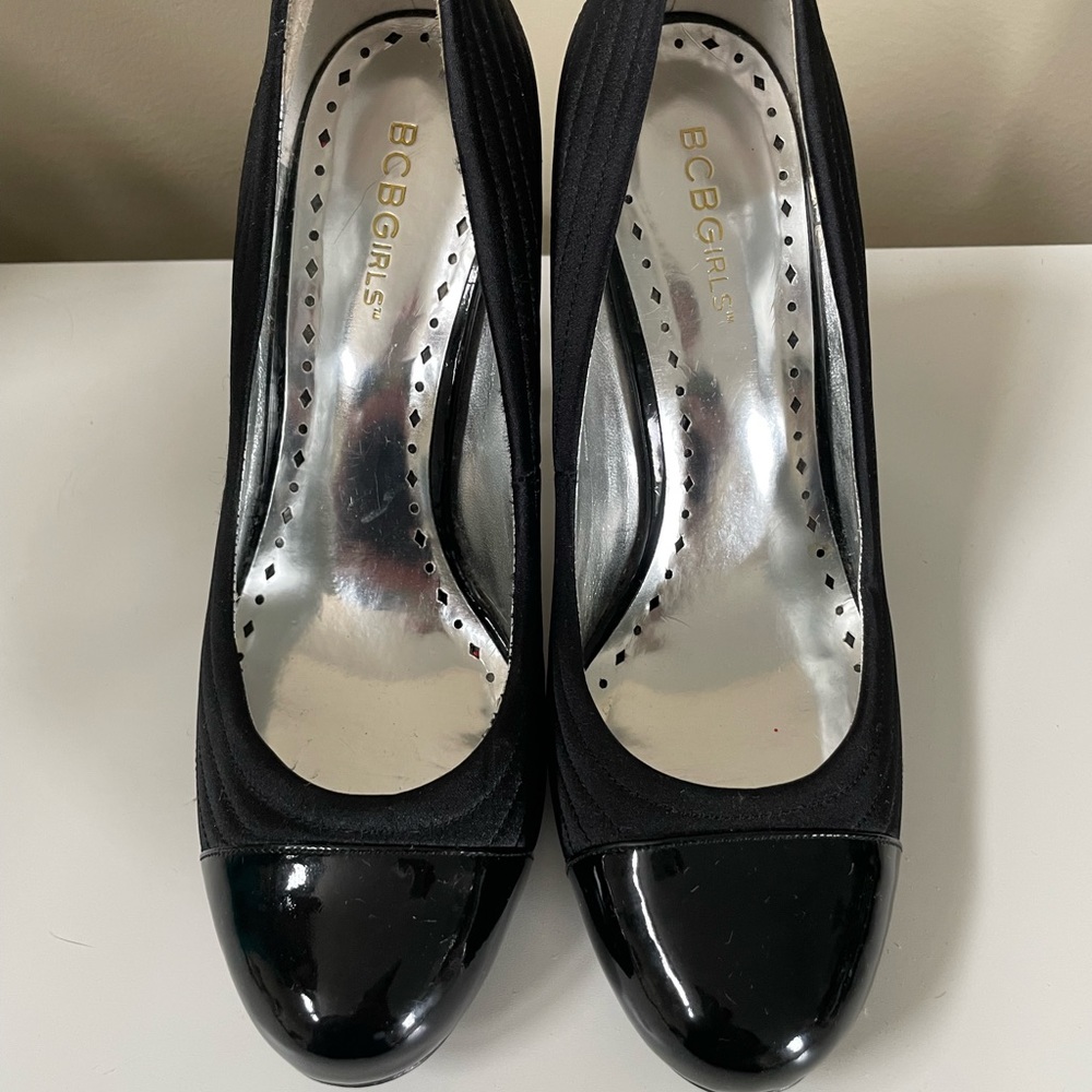 BCBGirls Black Satin & Patent Leather Stiletto Platform Heels (PL-Molly)